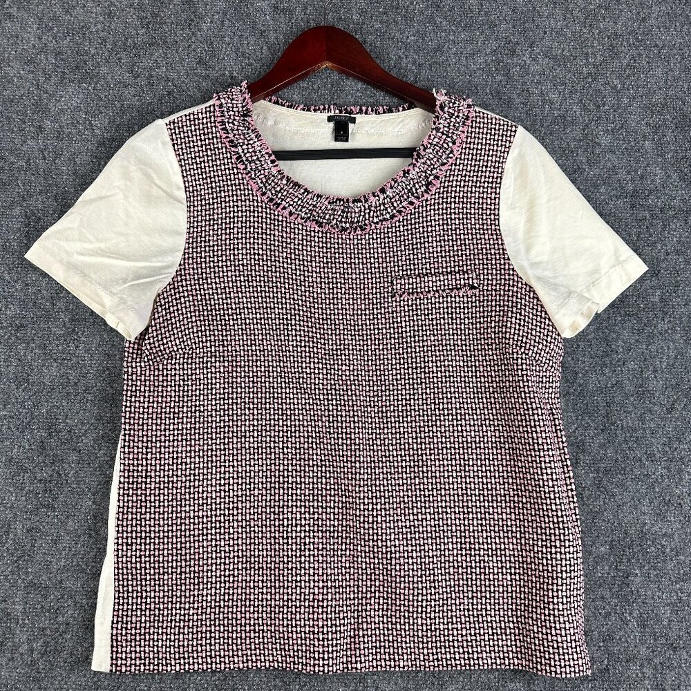 J Crew Tweed Front Tee Womens Small Cotton Silk Short Sleeve Ivory Pink Black